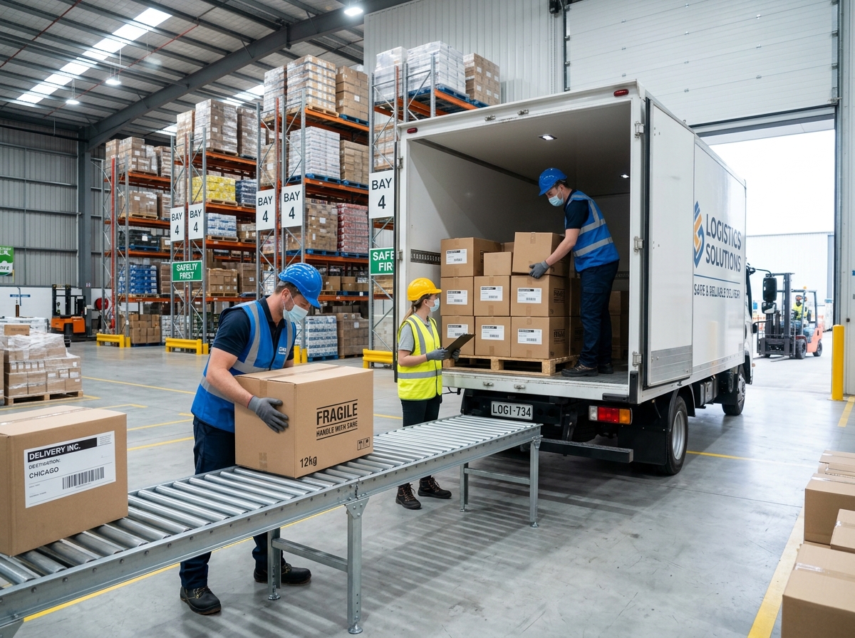 Safe cargo handling by workers in a professional warehouse