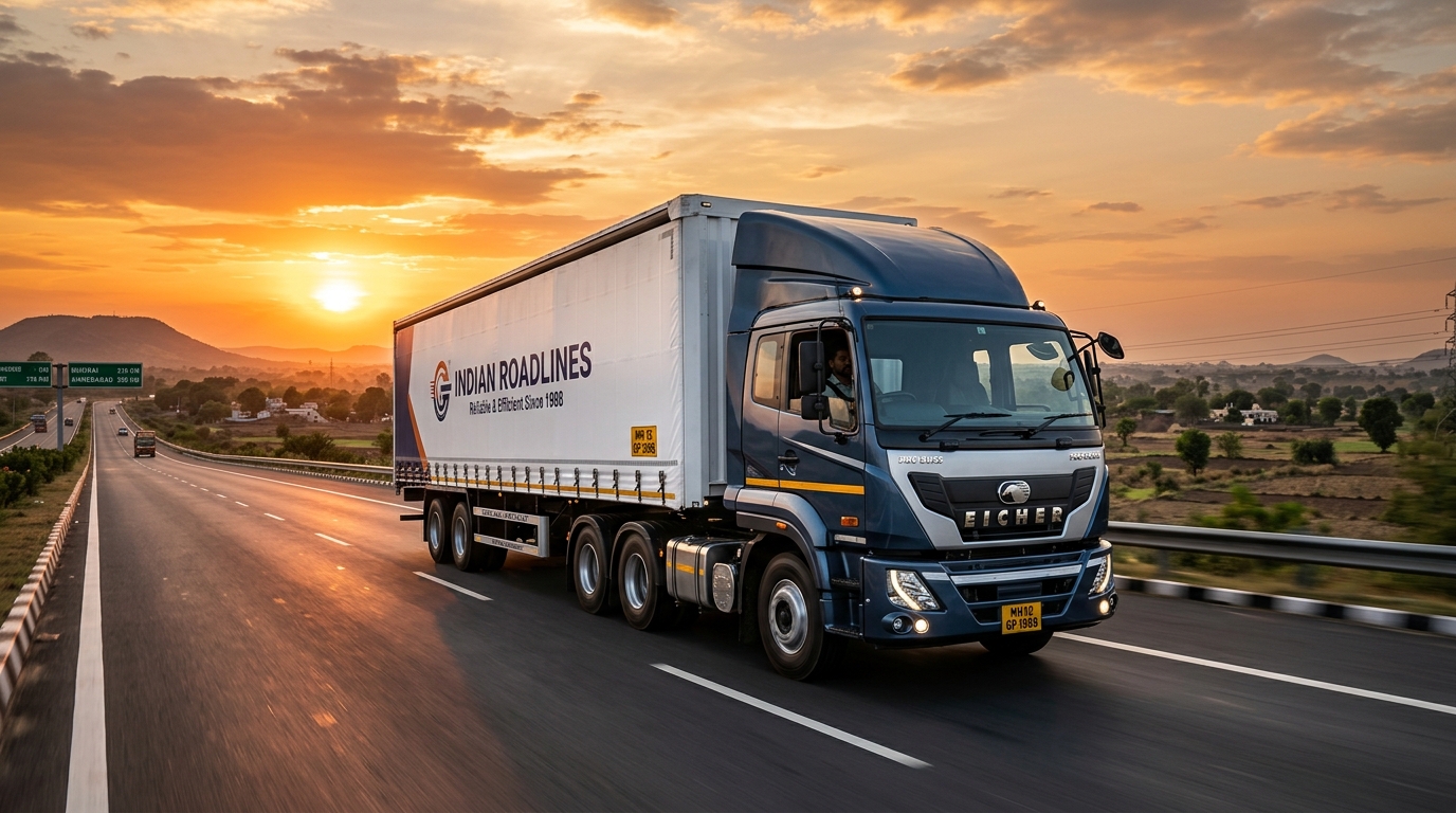 Premium modern delivery truck on a highway at sunset